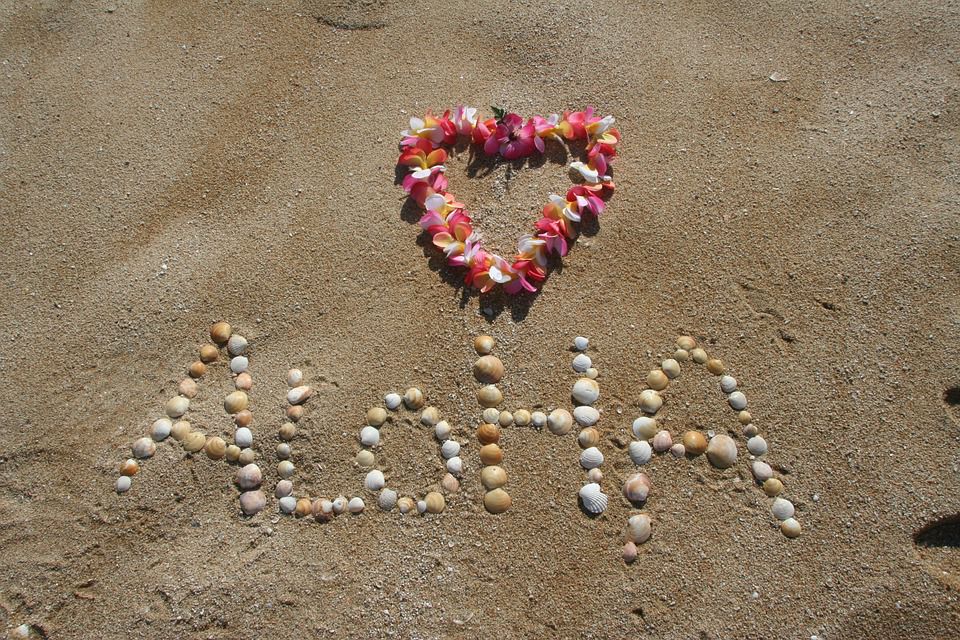 Aloha written in the sand with a heart made of flower.