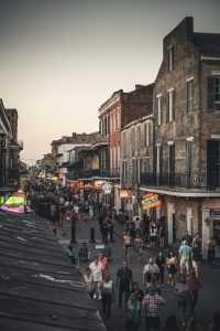 a street with people walking