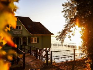 A house by the lake, surrounded by autumn leafs.