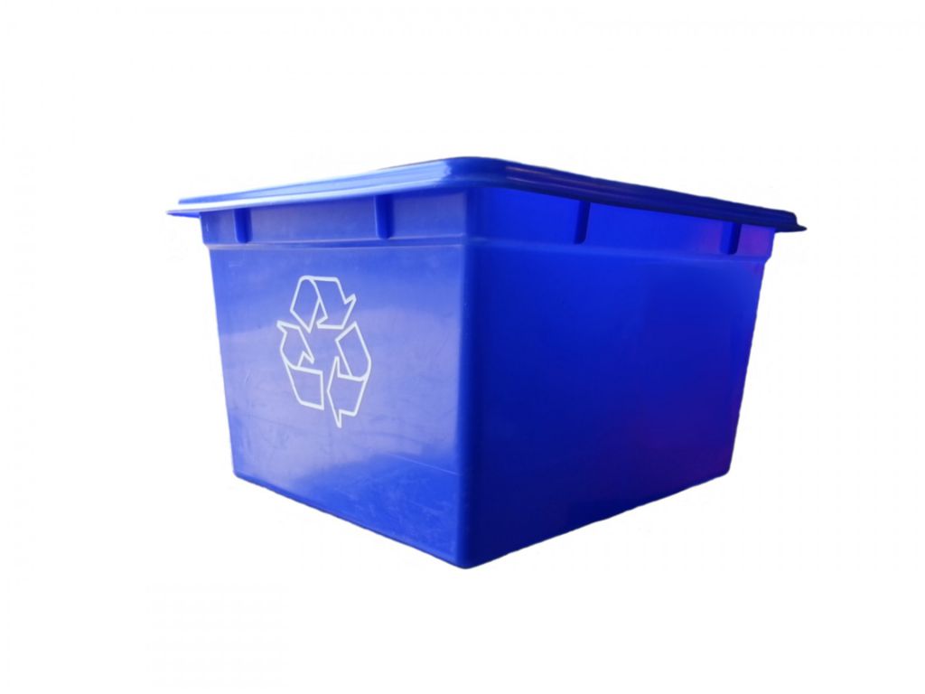 A plastic bin with a recycling sign on it.