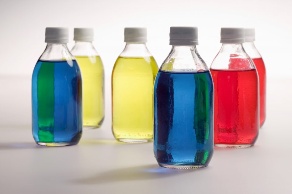 glass bottles with fluids