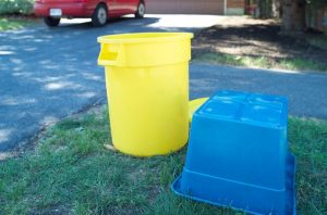 blue and yellow plastic bins
