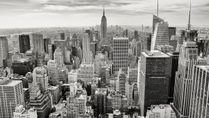 black and white panoramic view of New York City