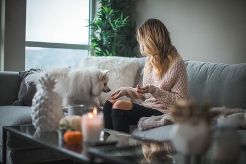 woman with a dog on the couch