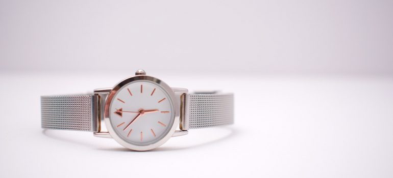 A silver wrist watch