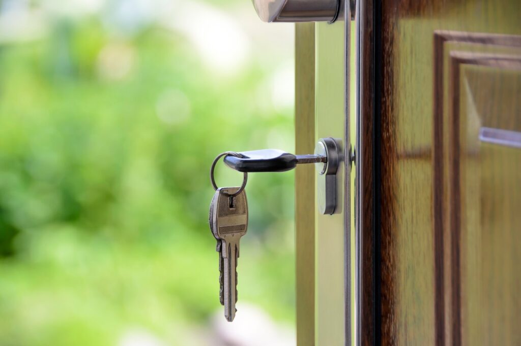 metal key in a wooden door