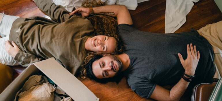 Happy couple relaxing before they start moving from Mississippi to Texas.