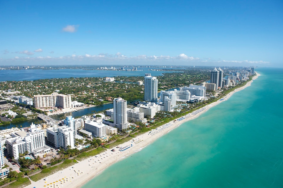 Aerial view of Miamis buildings and shore