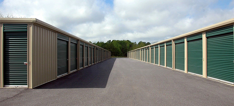 Storage units with green doors