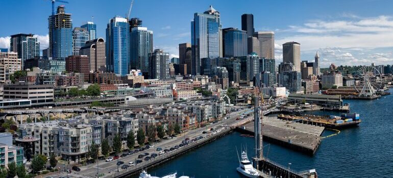 view from the water on seattle port and the city