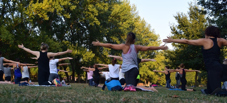 People are doing yoga in the park.