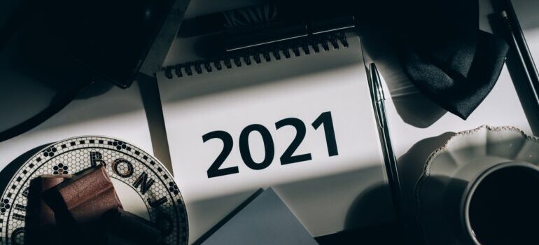 A 2021 calendar on a desk.