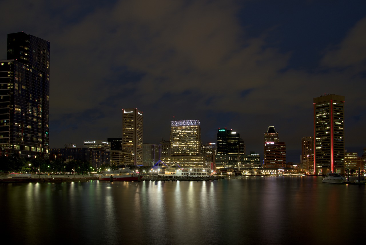 A view of Baltimore at night.