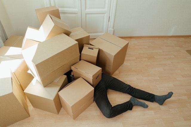 a man buried in boxes