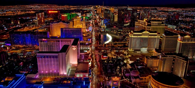 An aerial view of Las Vegas at night.