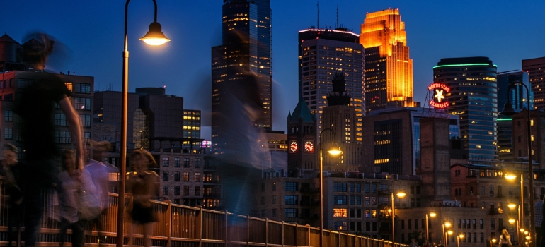 The skyline of Minneapolis at night.