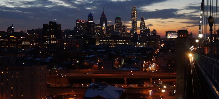 An aerial view of Philadelphia at night.