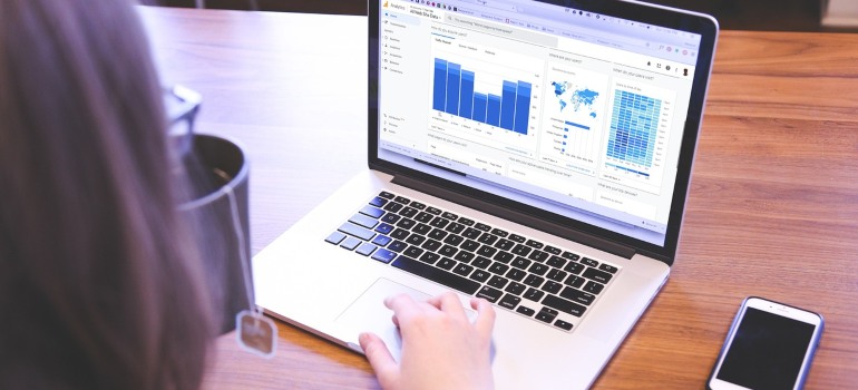 A woman looking at statistics on a laptop.