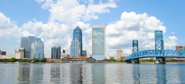 A view of Jacksonville from a body of water. 