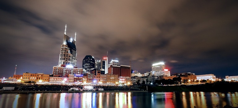 A view of Nashville from a body of water.