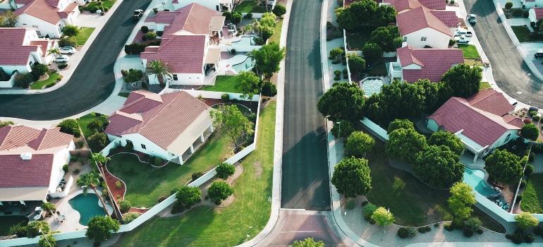 A neighborhood photographed from above.