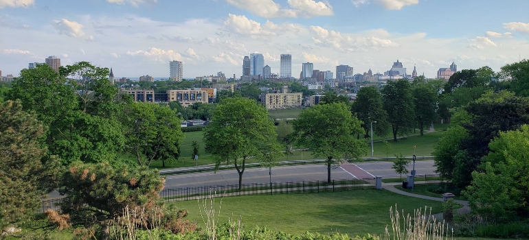 The view of Milwaukee from a park.