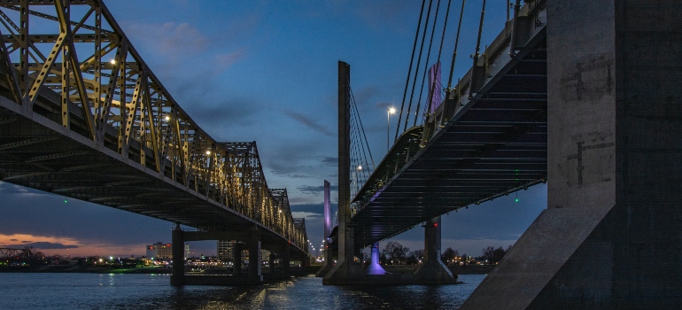 Two bridges in Louisville at night.