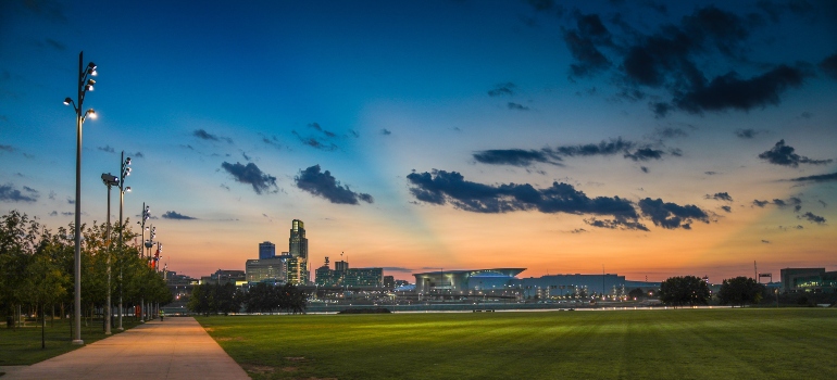 The City of Omaha photographed from the nearby park after sunset.