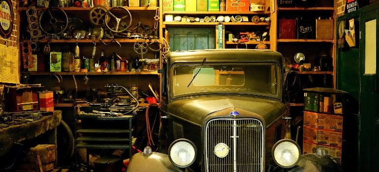 an old car in a garage