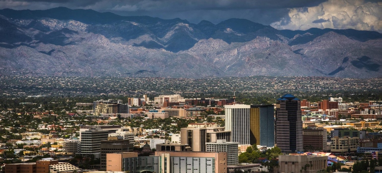 The Tucson Skyline with clouds on the mountain in the background.