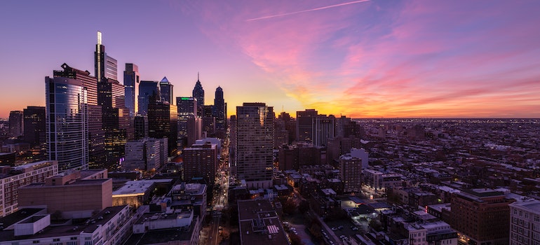 The Philadelphia skyline photographed during the evening.