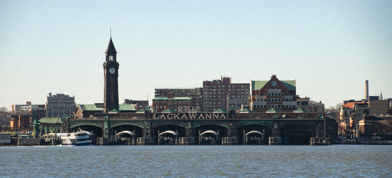 A waterfront photo of a railroad terminal in Hoboken.