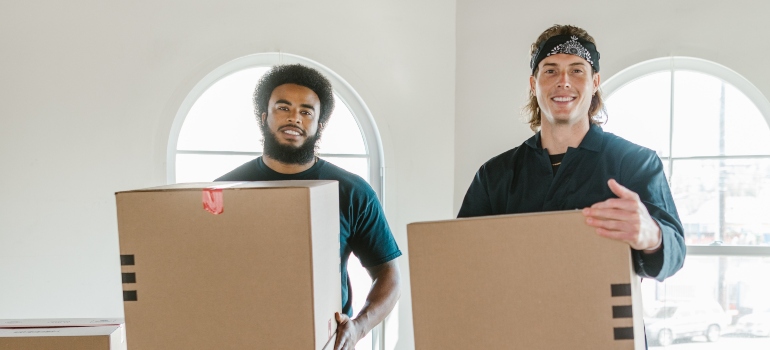 movers holding packing boxes