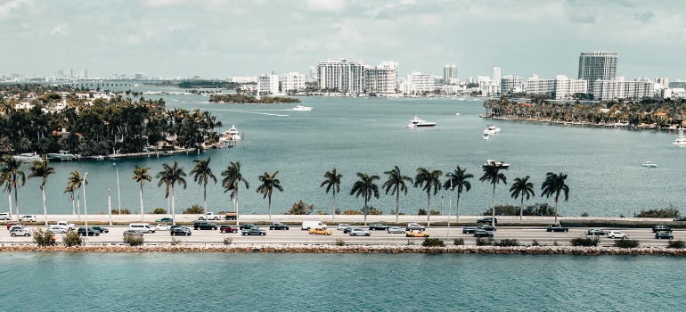 Miami Skyline photographed from above the ocean.