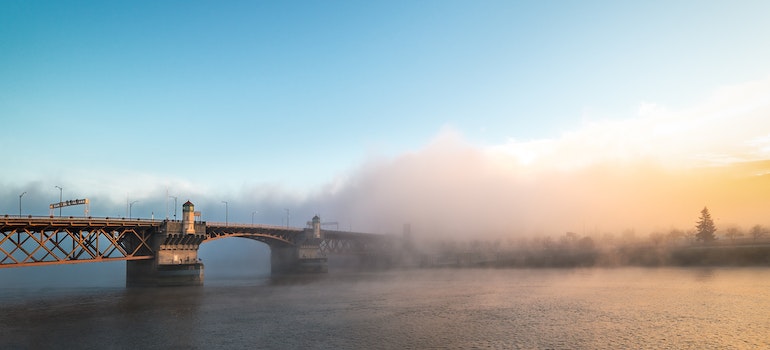 A bridge in Oregon on a foggy morning.