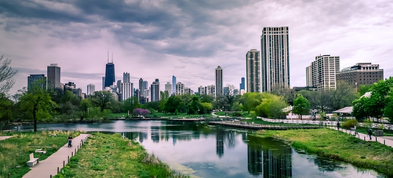 A park in Chicago on a cloudy day.