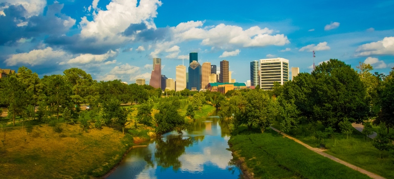 Houston Skyline photographed from a nearby park.