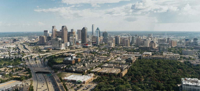 Skyline of Dallas photographed from air.