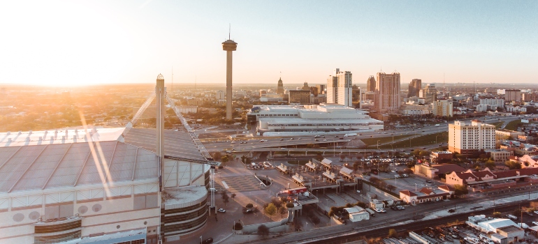 A neighborhood in San Antonio photographed  from above right before the sunset.