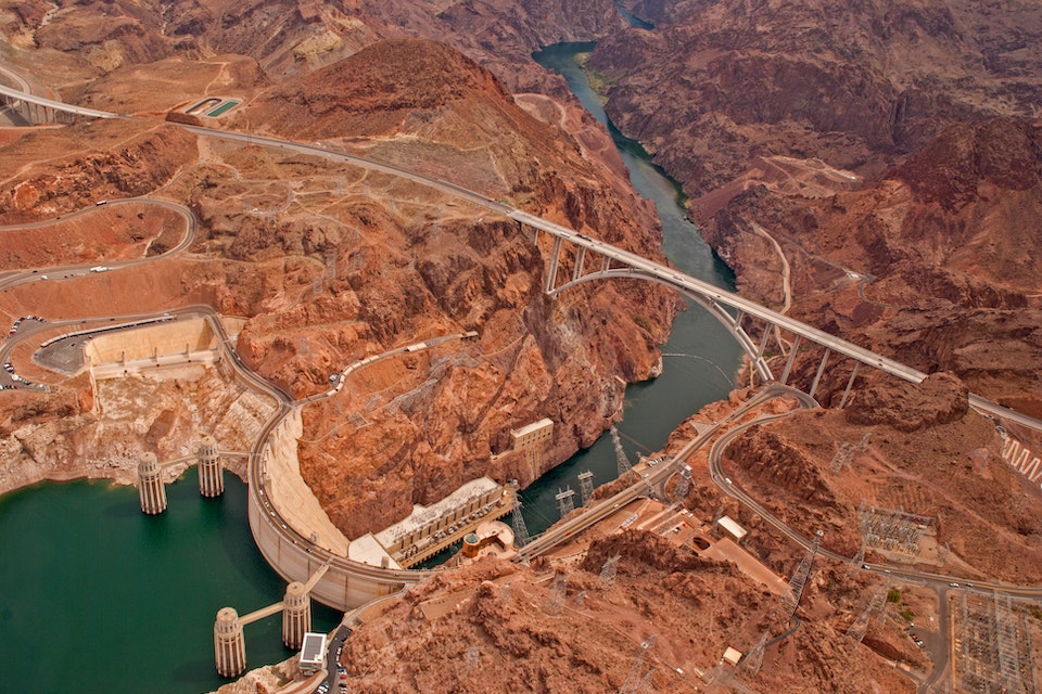 An aerial view of the Hoover Dam