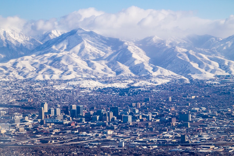 Salt Lake City under the snowy mountains