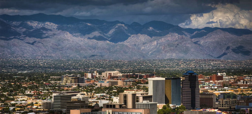 The Tucson Skyline with clouds on the mountain in the background.