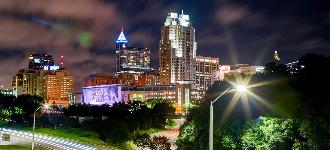 Buildings in Raleigh during the night