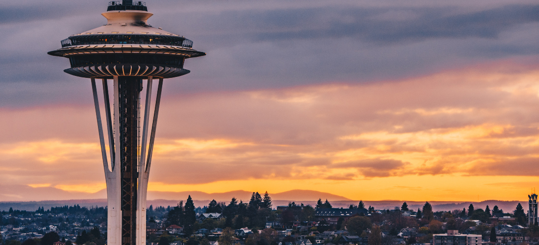 The Space Needle in Seattle during the sunset.