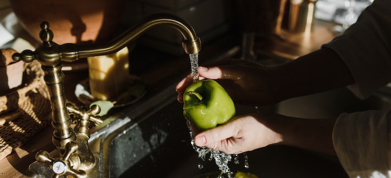A person holding an apple under the faucet.