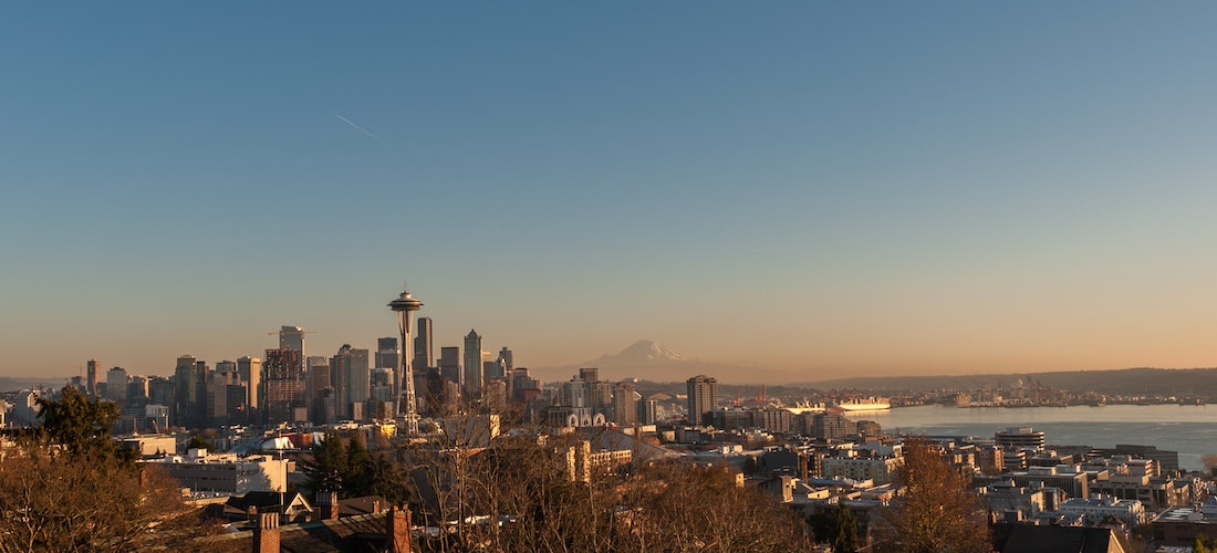 The Seattle Skyline with the mountain in the background.