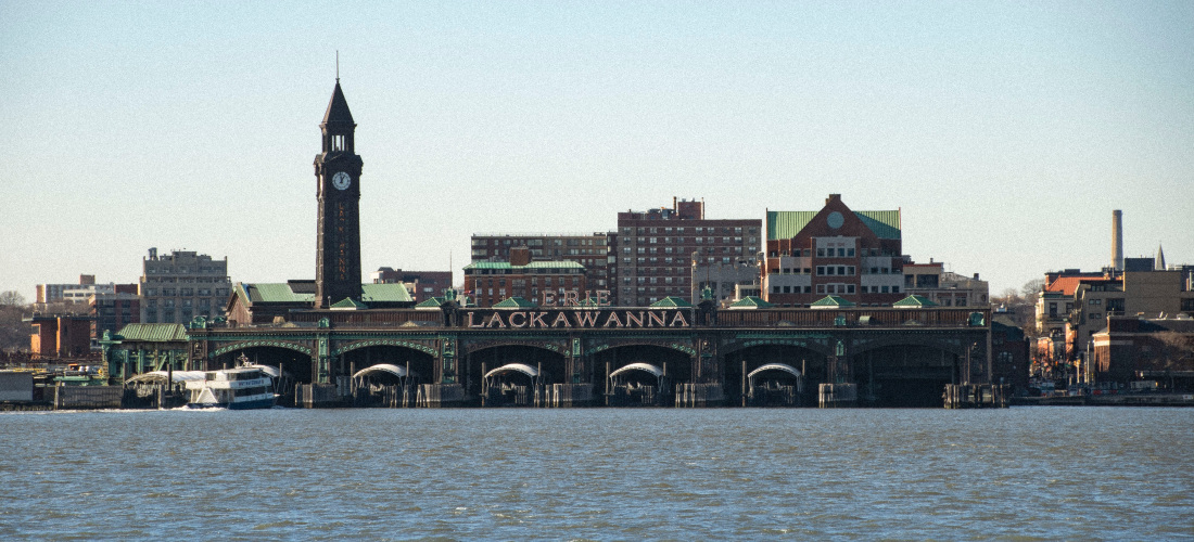 Waterfront photo of a railroad terminal in Hoboken