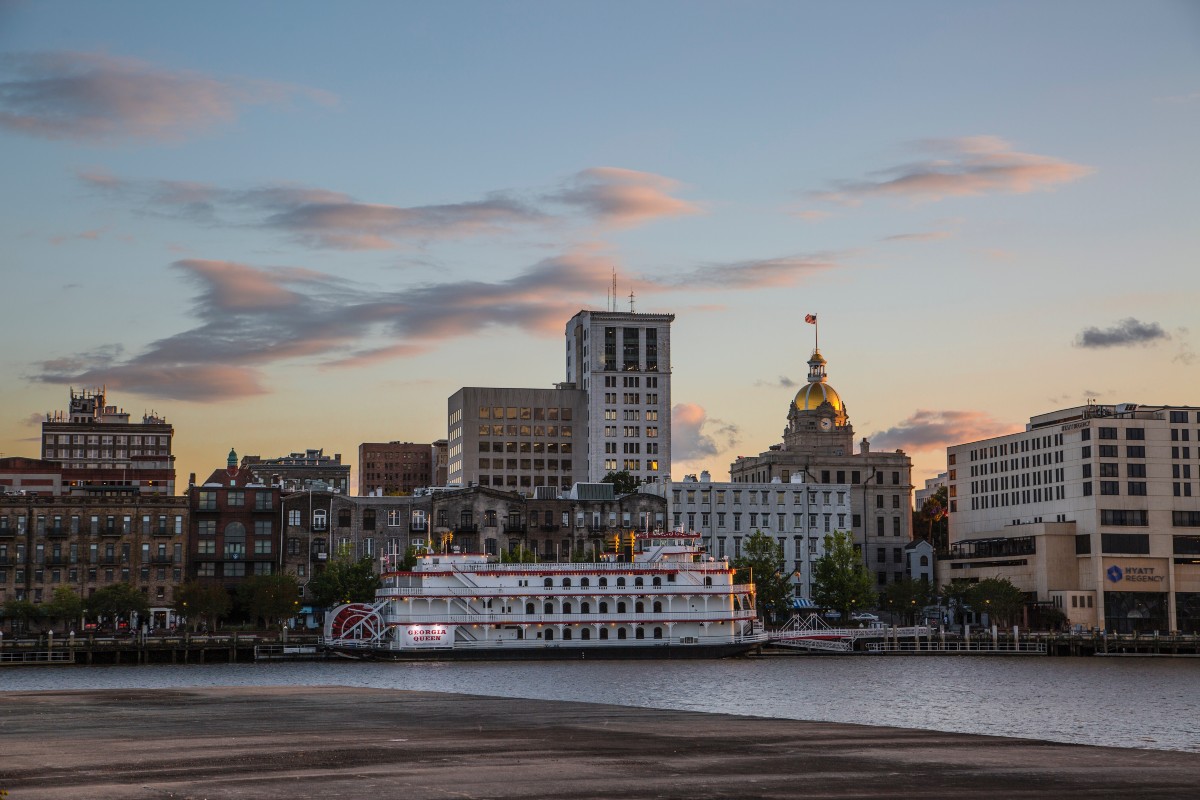 Buildings in Savannah, Georgia after sunset