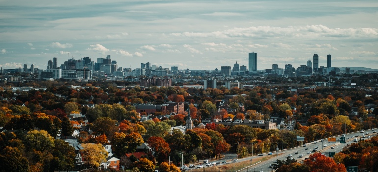 Aerial photo of Boston taken from above one of its suburbs