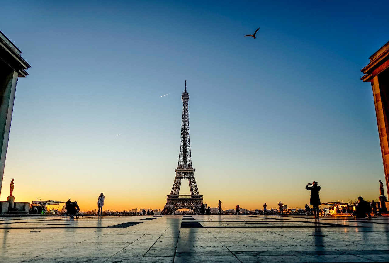 A panoramic photo at sunset of the Eiffel Tower in France